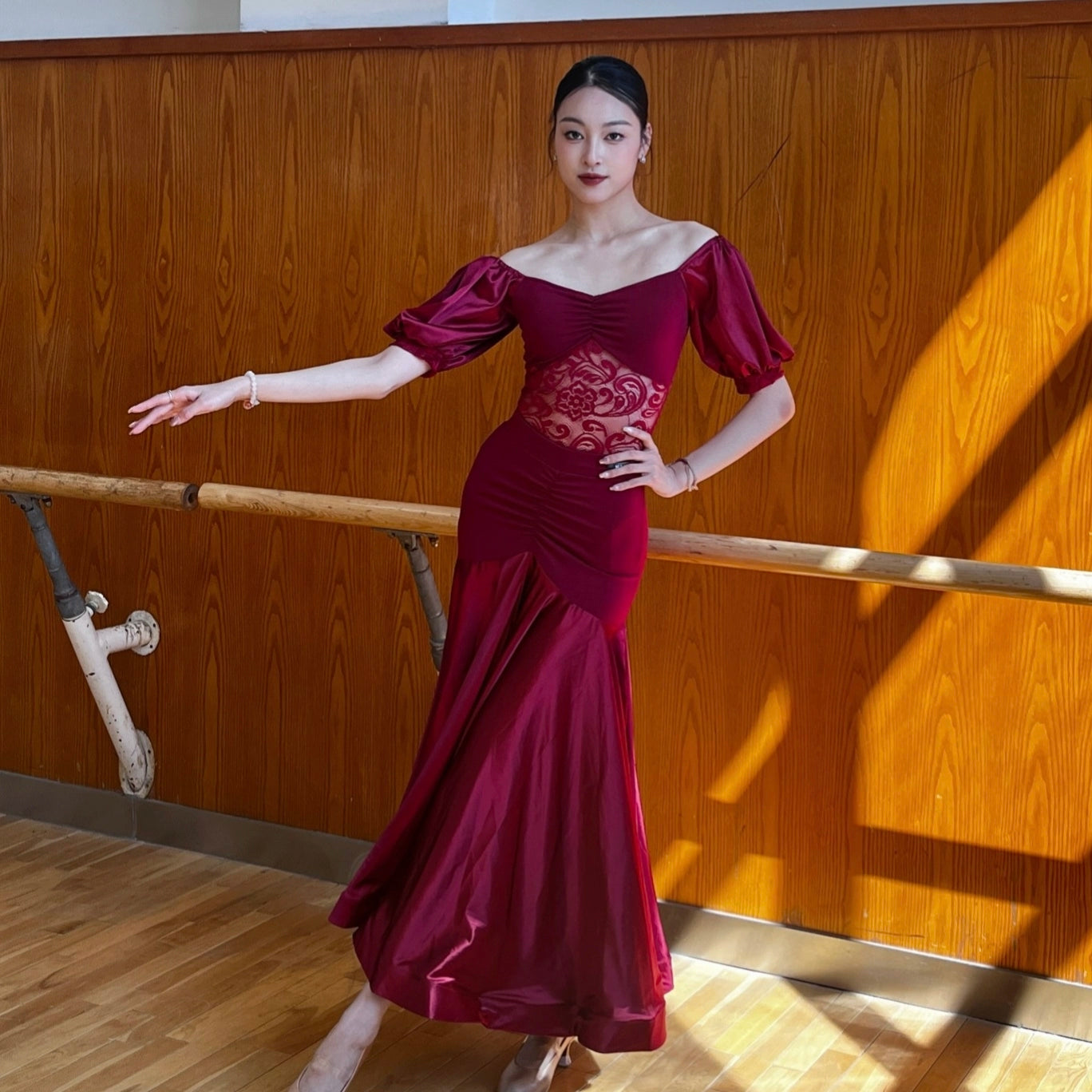 Black Wine Lace Ballroom Dance Dresses for Women Girls Waltz Tango Foxtrot Rhythm Performance Gown - Moderndancedress.com