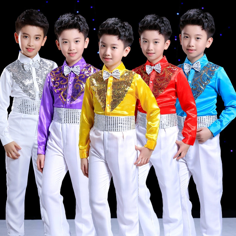 Boys Hip Hop Costume Sequin Shirts White Pants Suit Jazz Costumes Kids Stage Dancing Outfit Children Street Show Wear - Moderndancedress.com