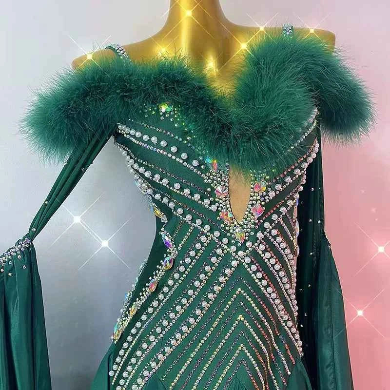 Custom Size Women's Dark Green Ballroom Dance Dresses National Standard Waltz Dancing Costumes