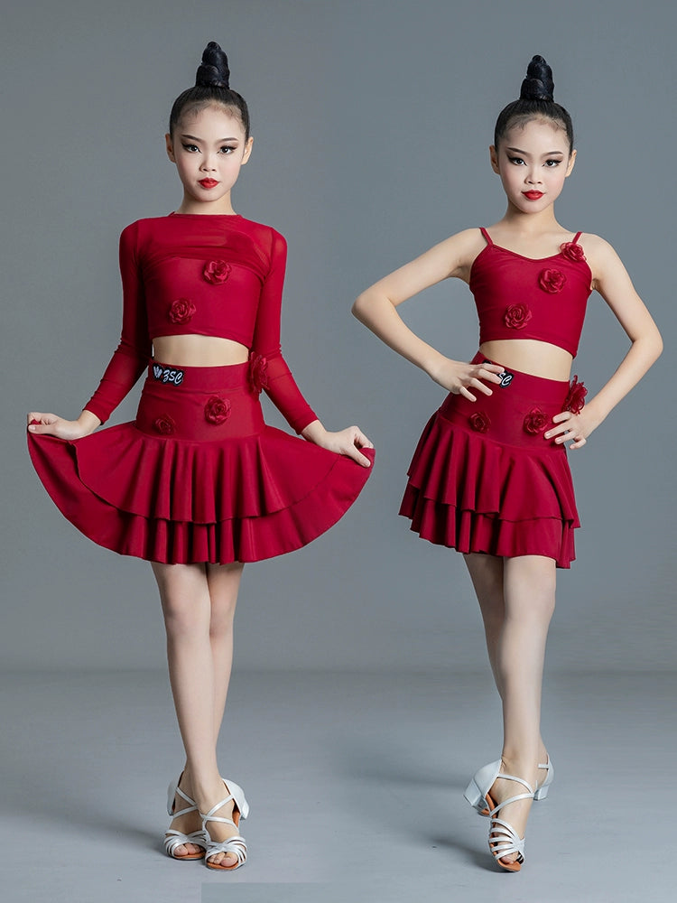 Girls Kids Red Ballroom Salsa Latin Dance Costumes Salsa Rumba Latin Stage Performance Tops and Pants Party Dancing Outfits - Moderndancedress.com