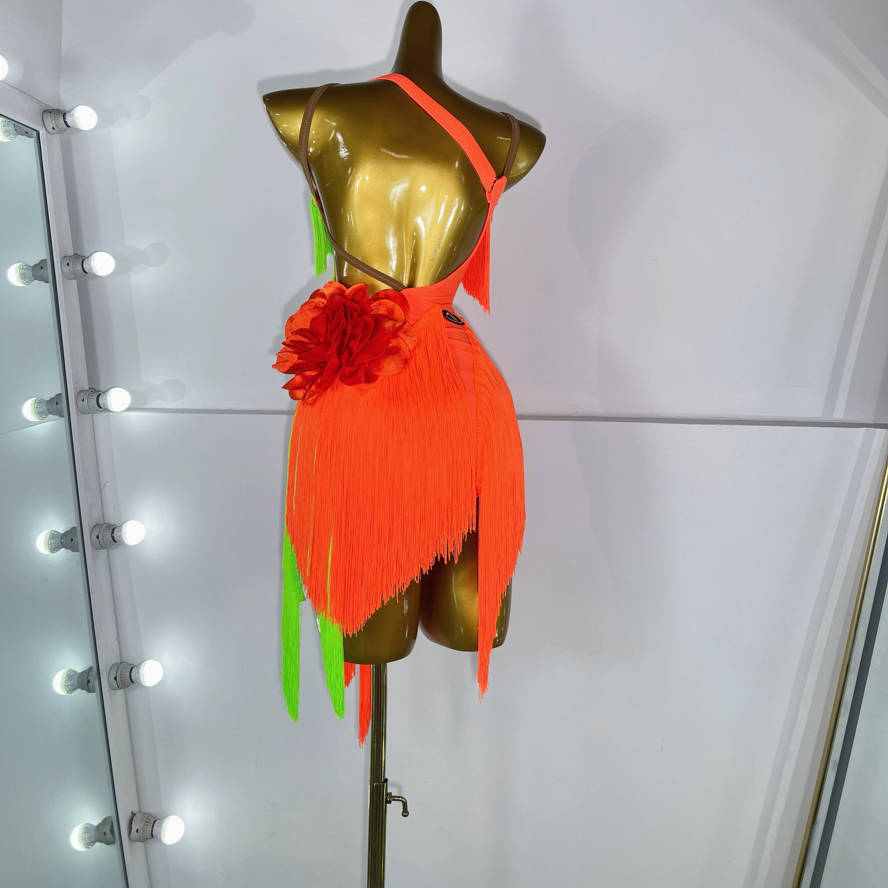 Custom Size Orange Fringe Latin Dress for Women Green One Shoulder Salsa Costumes