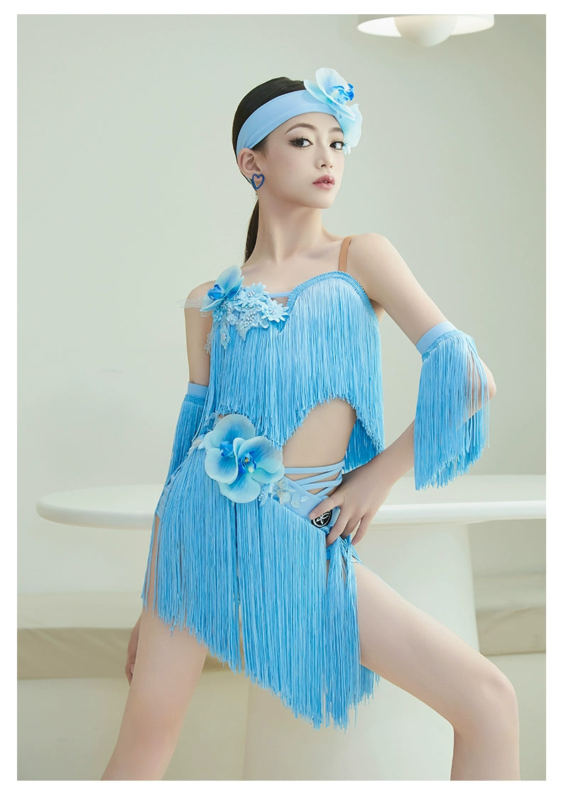 Pink Blue Fringe Latin Dance Dresses for Kids Children's Latin Salsa Ballroom Performance  Catwalk Model Performance Costumes Girls - Moderndancedress.com