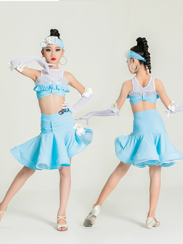 Children's light blue flowers Latin dance dresses kids salsa rumba ballroom regulations competition performance training clothing for girls - Moderndancedress.com