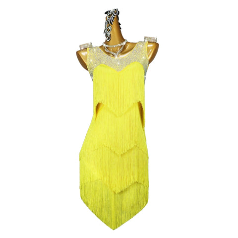Yellow Latin dance fringed dress competition ballroom salsa rumba chacha dance costumes professional art exam flower solo clothes - Moderndancedress.com
