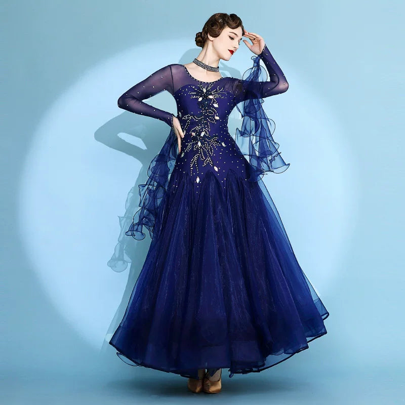 Navy Ballroom Competition Dress with Rhinestones & Floats Waltz Rhythm Dance Gown