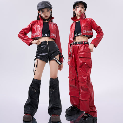 Girls Hiphop Dance Costumes for Kids Children Red Pu Leather Punk Rock Jazz Dance Wear Model Show Street Catwalk Dance Outfits