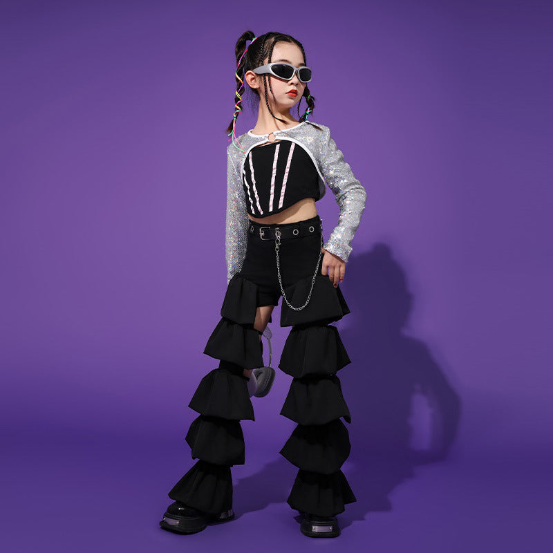 Girls silver sequin Jazz hiphop Dance costumes for kids  children rapper singers gogo dancers Performance Clothing model show outfits - Moderndancedress.com