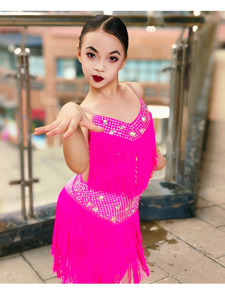 Neon Yellow Hot Pink Fringe Latin Dance Competition Dresses for Girls Children Solo Salsa Rumba Samba Chacha Performance Costumes for Kids - Moderndancedress.com