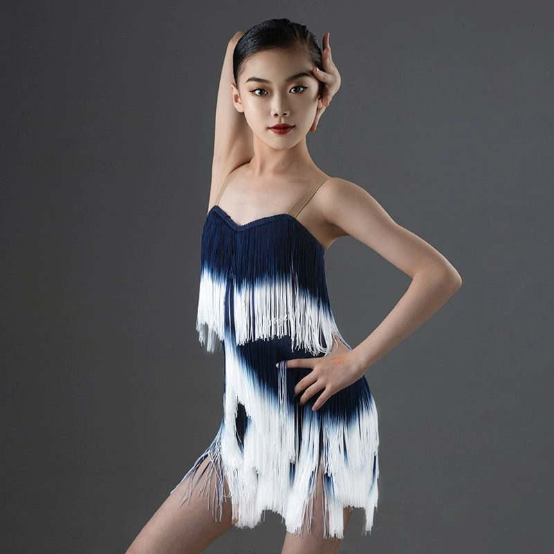 Blue pink competition fringe Latin dance dresses for girls kids gradient tassel suspender ballroom salsa latin performance clothes - Moderndancedress.com