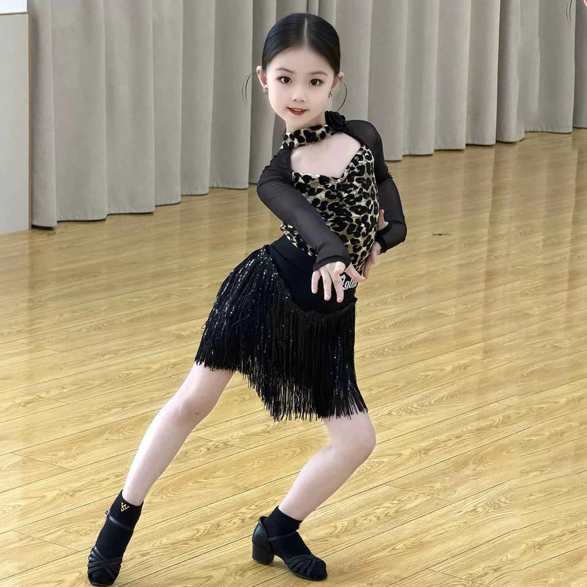 Black Leopard Print Girls Latin Dance Dress, Two‑Piece Tassel dress Set