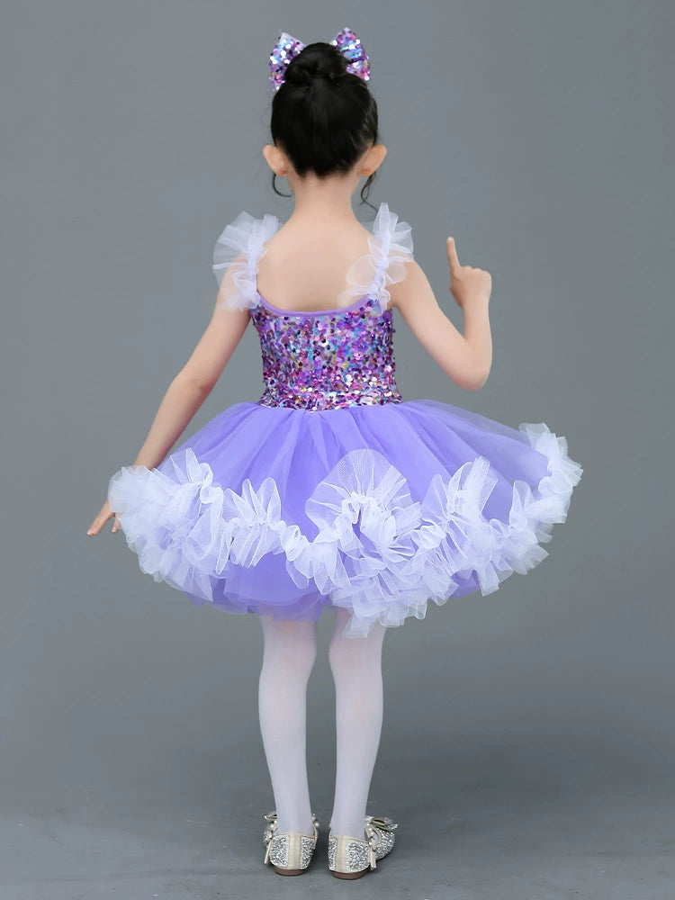 Girls light purple sequined tutu skirt ballet princess dress kindergarten kids modern jazz dance costume - Moderndancedress.com