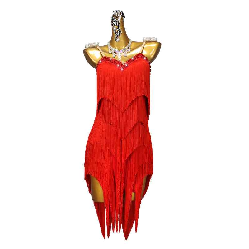 Red Fringe Competition Latin Dance Dresses for Women Girls Salsa Rumba Chacha Professional Dance Costumes - Moderndancedress.com