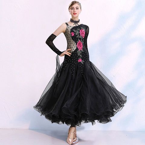 One Shoulder Black Ballroom Dance Dresses for Women Girls Rose Flowers Adult Female National Standard Social Dance Waltz Tango Performance Gown - Moderndancedress.com