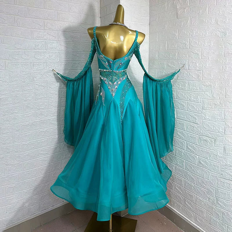 Custom Turquoise Ballroom Dance Dress Waltz Foxtrot Gown with Crystals