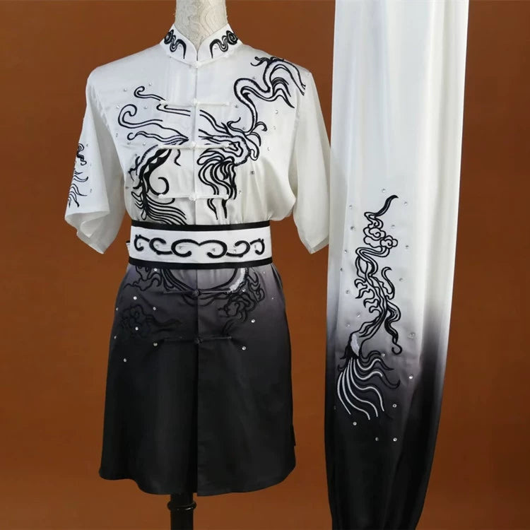 Customized size Tai chi clothing competition chinese kungfu uniforms for unisex Black white gradient embroidery martial arts clothes Changquan Nanquan suit - Moderndancedress.com
