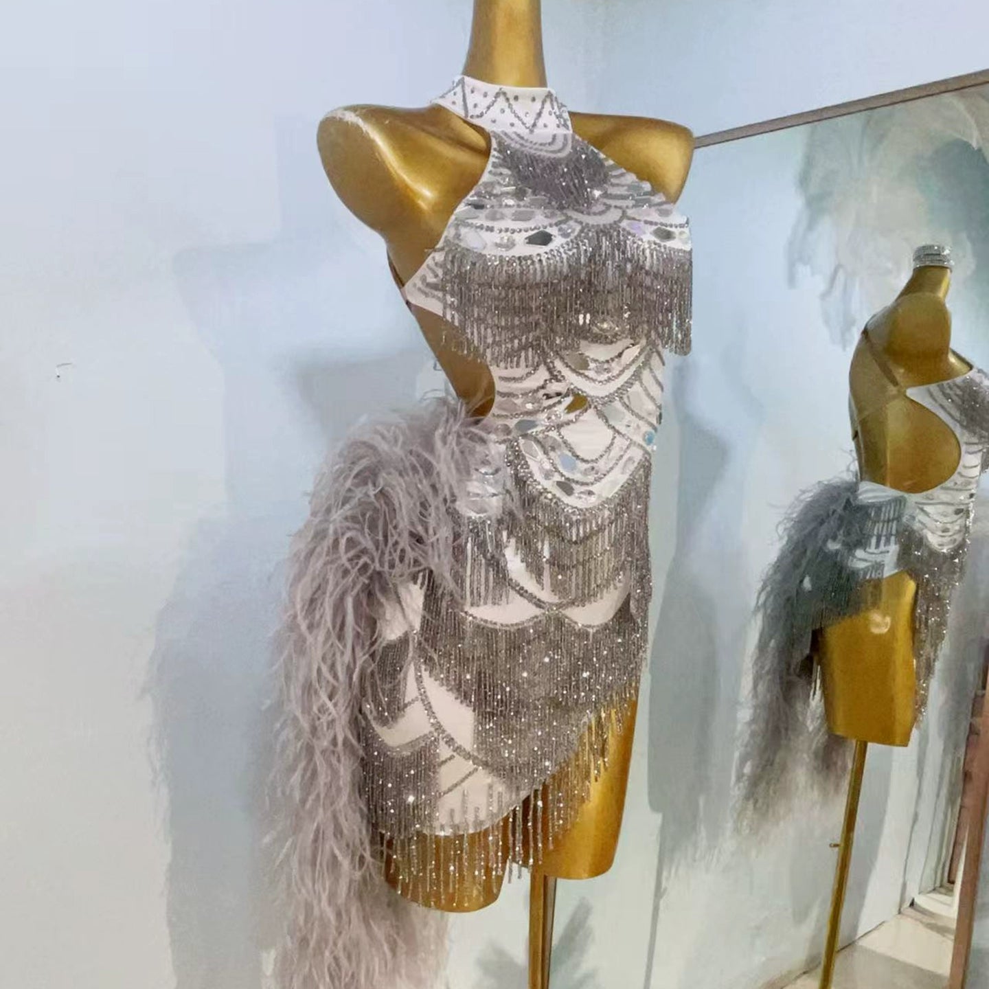 Custom Size Silver Feather Latin Dance Dresses for Women Salsa Rumba Samba Chacha Latin Dance Costume Tuxedo Skirts