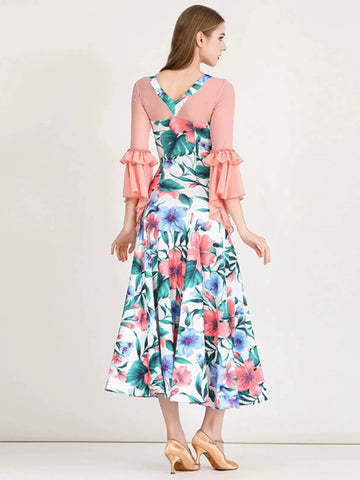 Printing flowers ballroom dance dresses for women girls waltz tango modern dance long gown stage performance practice clothes - Moderndancedress.com