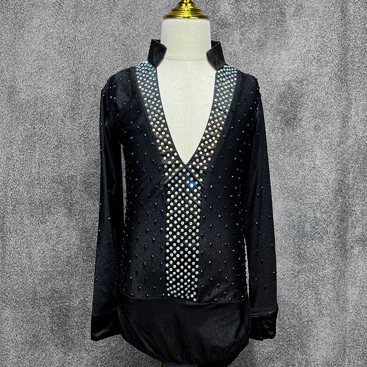 Black Latin Ballroom Dance shirts for kids boy diamond Competition PerformanceTraining Dance body tops Long Sleeves for kids - Moderndancedress.com