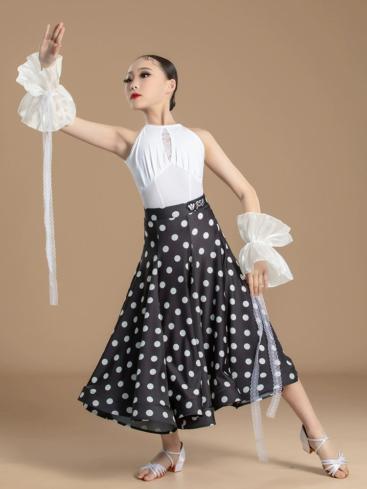 White Lace Polka Dot National Ballroom Dance Dresses for Kids Girls Competition Waltz Tango Party Performance Skirts - Moderndancedress.com