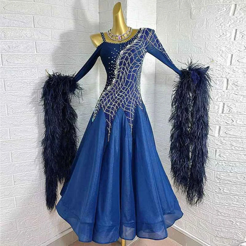 Custom Size Competition Ballroom Dance Dresses for Women Girls Feather Floating Waltz Tango Foxtrot Smooth Dance Long Gown