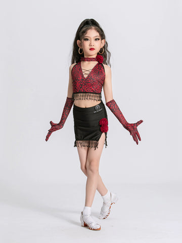 Red Rose flowers Latin dance dresses for girls kids latin salsa ballroom practice clothes fringed sleeveless stage performance top and skirts - Moderndancedress.com