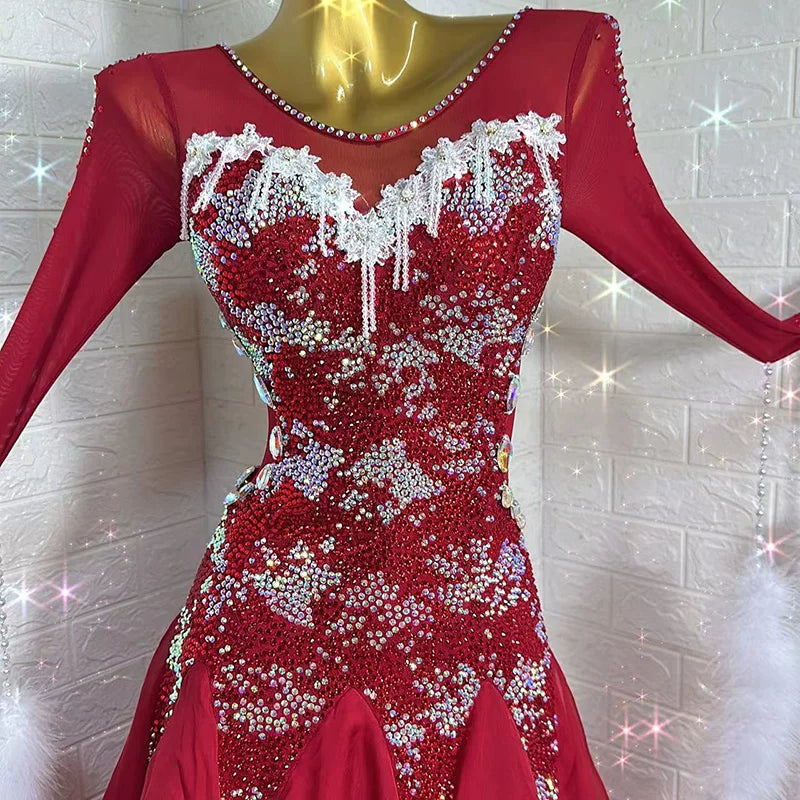 Custom Crystal Burgundy Ballroom Dance Dress with White Feather Floats Foxtrot Waltz Dance Gown