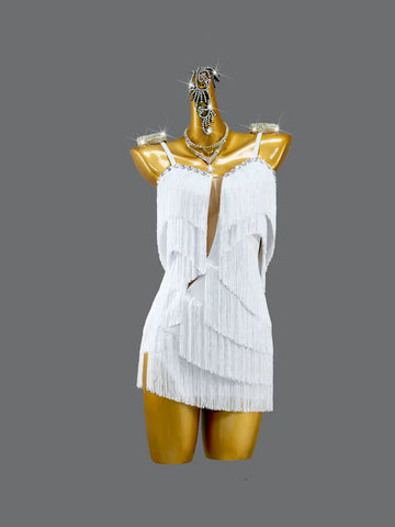 Customized size white girls kids Latin dance competition clothing professional salsa rumba solo fringed dress flower clothing art exam - Moderndancedress.com