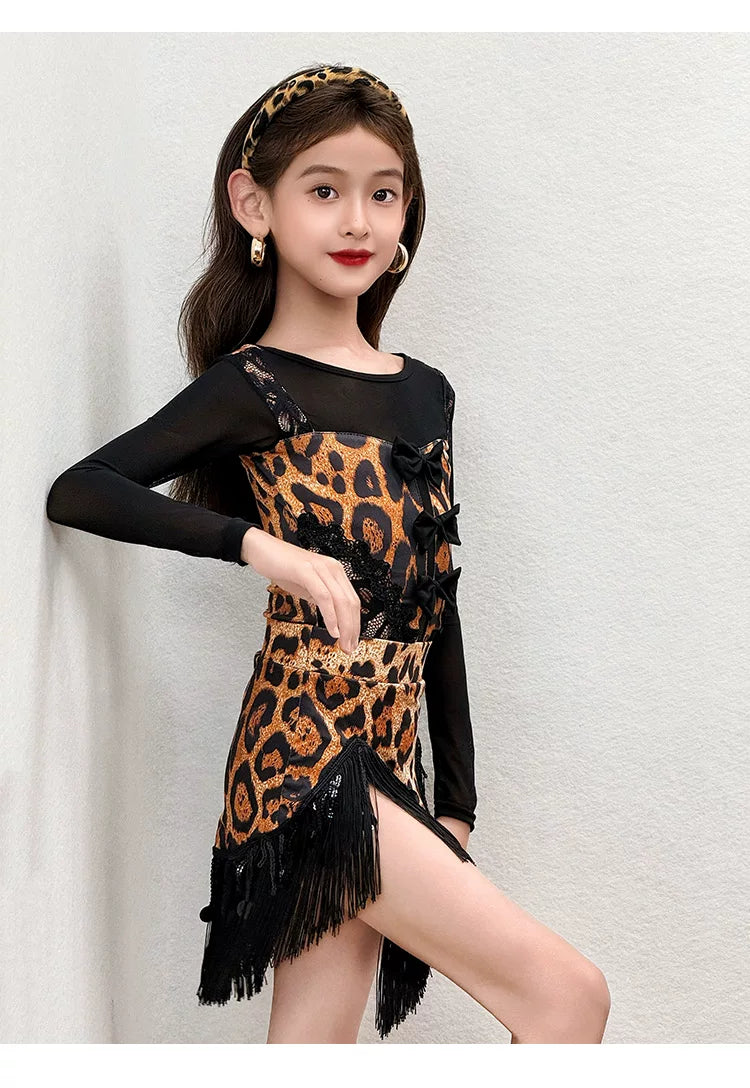 Girls Leopard Print Latin Dance Dress - Kids Fringe Salsa Ballroom Costume