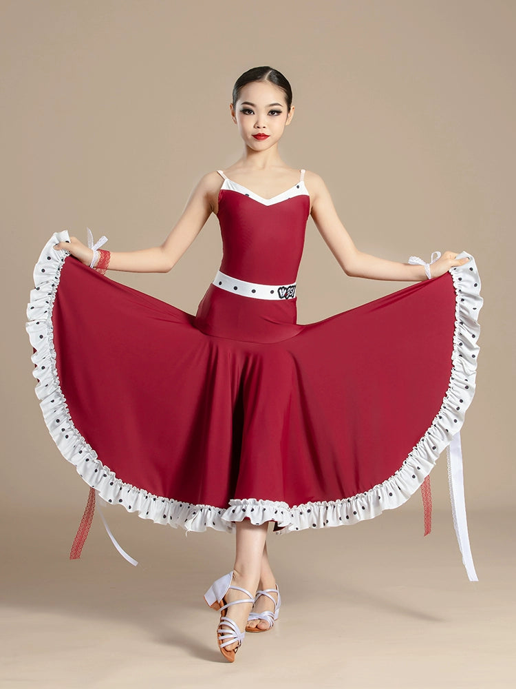 Red polka dot Latin ballroom dance dresses for kids girls national ballroom waltz tango dance costumes art test performance outfits - Moderndancedress.com