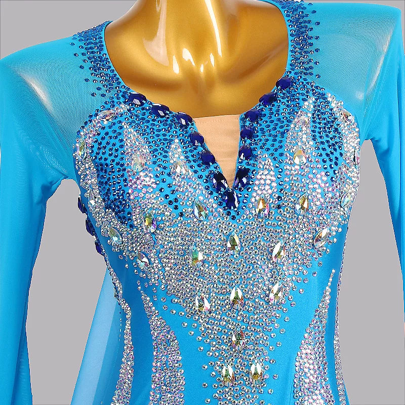 Custom Size CompetitionTurquoise Ballroom Dance Dress for Women Blue Crystal Waltz Tango Performance Gown