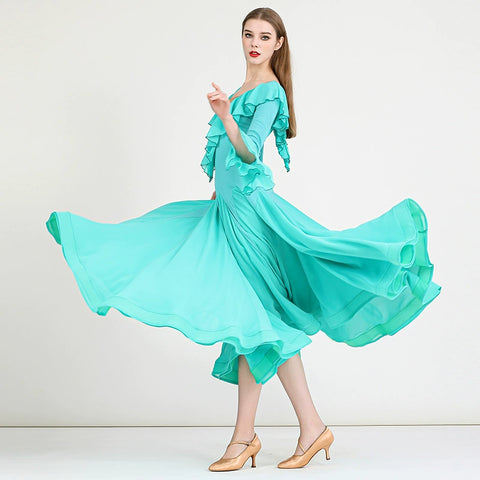 Turquoise Modern ballroom Dance Dress for women girls National Standard Waltz tango Performance Gown - Moderndancedress.com