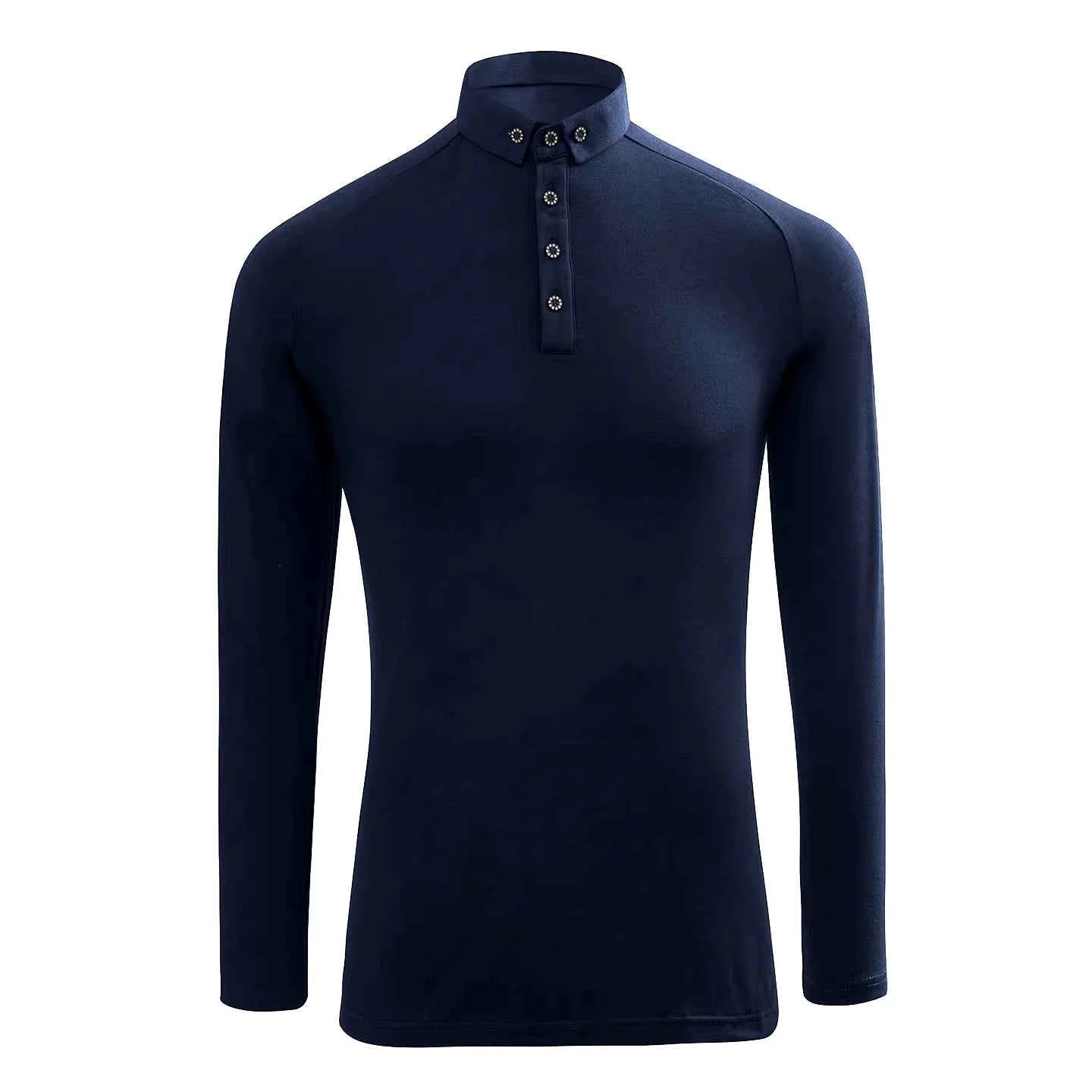 Men's Navy Latin Ballroom Dance Shirts Waltz Tango Performance Tops Long Sleeves