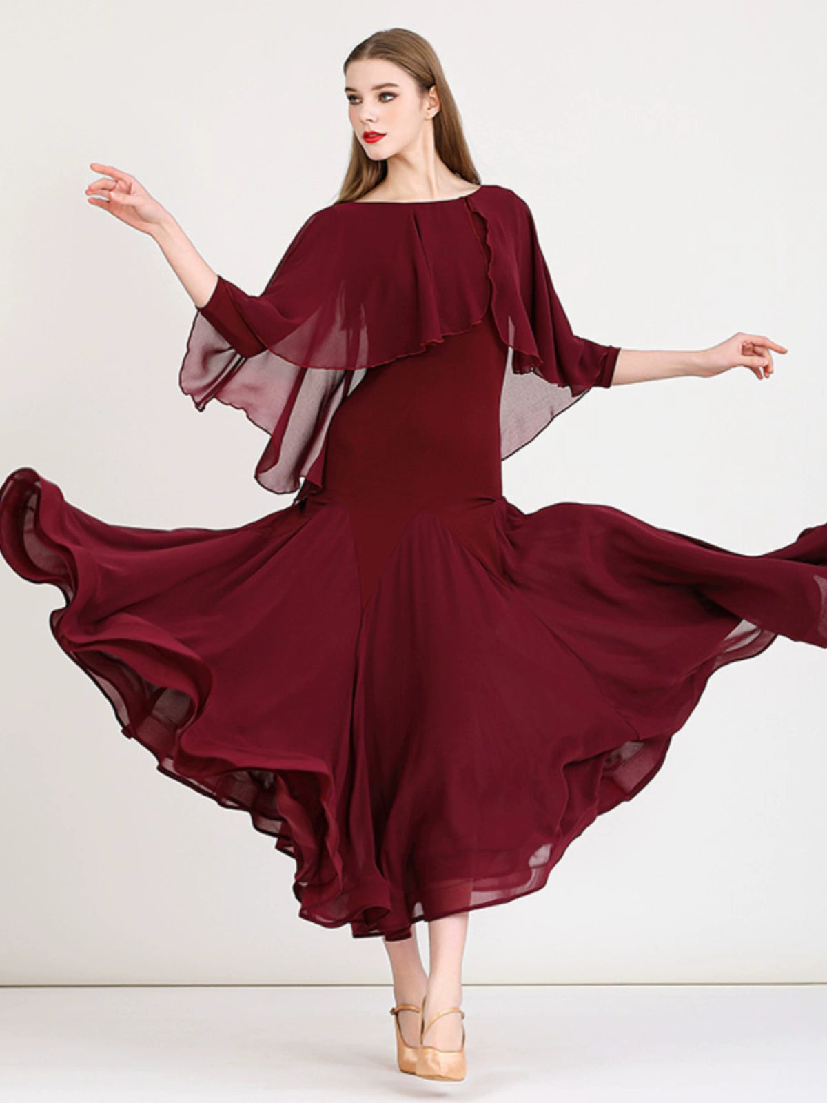 Burgundy Modern Flowy Ruffles Sleeves Ballroom Dance Dress for Women Girls National Foxtrot Smooth Tango Waltz Dance Long Gown - Moderndancedress.com