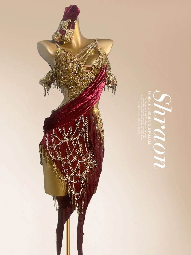 Custom Size Gold Latin Dance Dress Suspender Velvet Adult Cha Cha Professional Dance Dresses