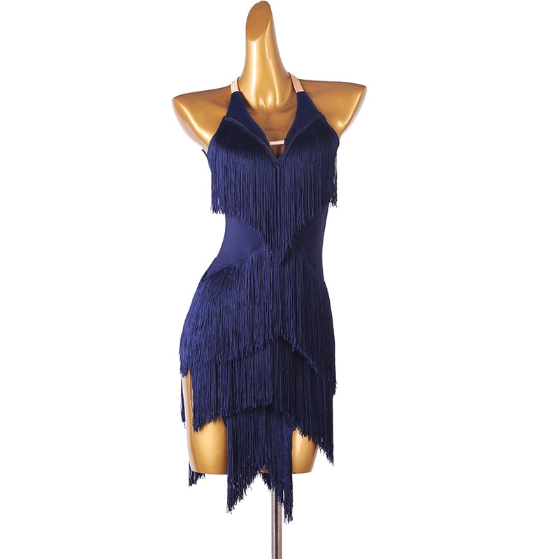 Orange Dark Green Navy Blue Latin Dance Competition Dresses for Women Girls Salsa Rumba Chacha Performance Costumes Halter Neck - Moderndancedress.com
