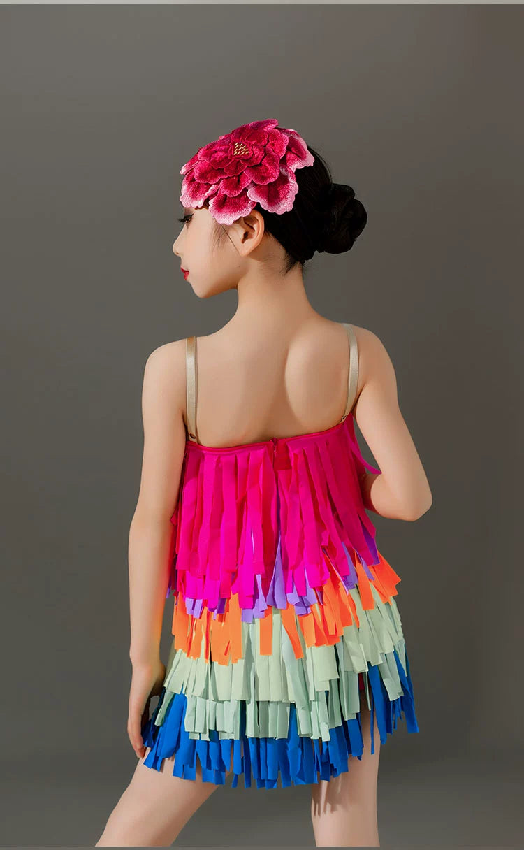 Children rainbow fringe competition Latin dance dresses kids girls ballroom salsa rumba chacha  performance clothes - Moderndancedress.com