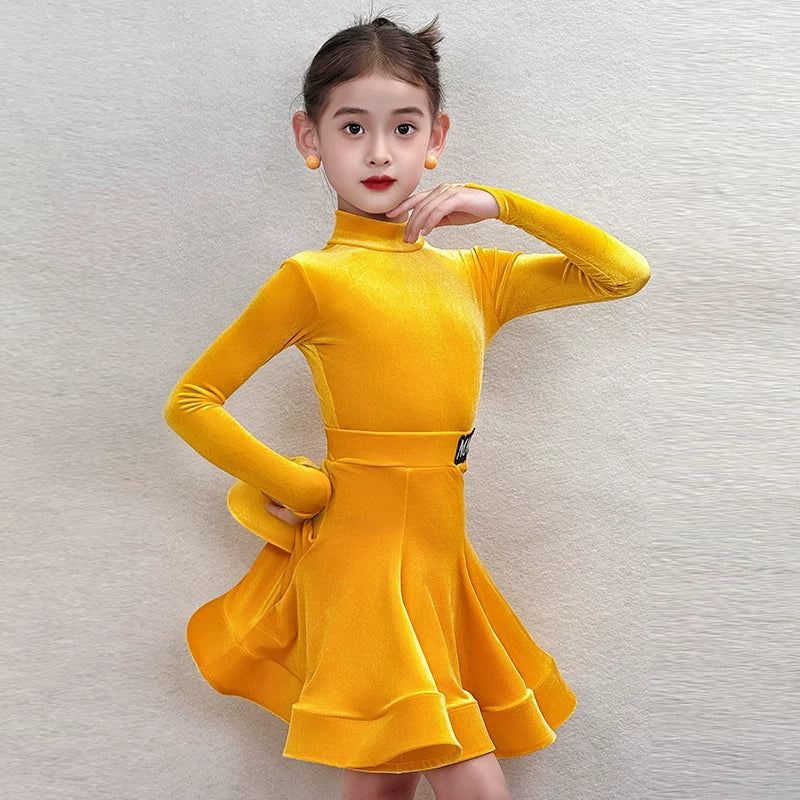 Girls' Neon Yellow Velvet Latin Dance Dress - Kids' Long Sleeve Rumba & Cha-Cha Costume