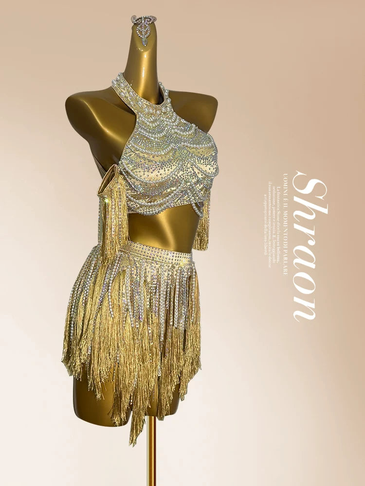 Custom Size Gold Fringe Competition Latin Dress Salsa Chacha Blackpool Performance Costumes