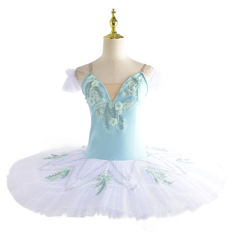 girls Green embroidered ballet Tutu skirt ballerina ballet dance dress swan lake stage performance flat pancake tutu for kids