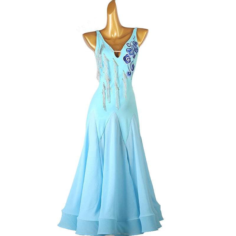 Blue black Modern ballroom dance dresses for women girls sleeveless fringe waltz tango foxtrot rhythm competition gown - Moderndancedress.com