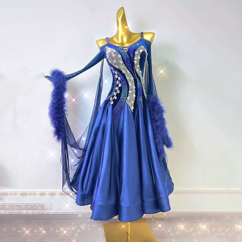Custom Size Blue Ballroom Dance Dresses for Women Girls Waltz Tango Rhythm Smooth Modern Dance Long Gown for Female - Moderndancedress.com