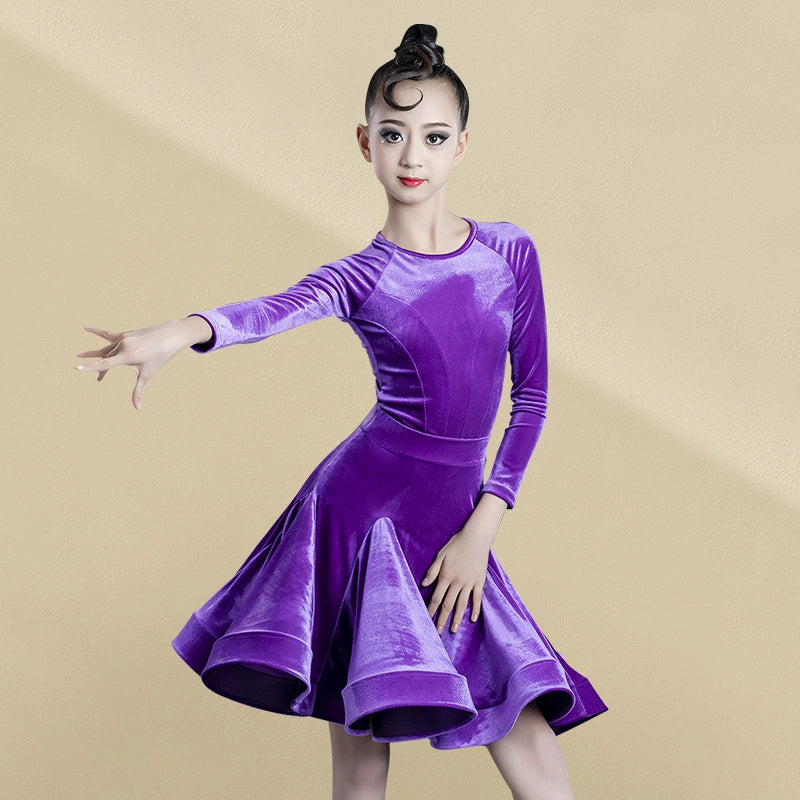 Girls Kids Pink Purple Velvet  Latin Dance Competition Dresses Round Neck Long-sleeved Salsa Chacha Rumba Latin Practice Clothes - Moderndancedress.com