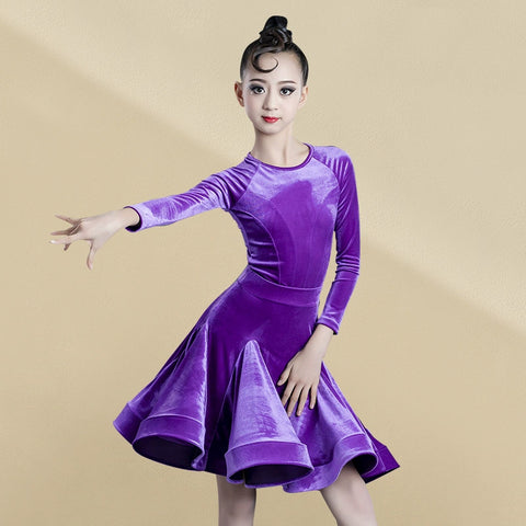 Girls Kids Pink Purple Velvet  Latin Dance Competition Dresses Round Neck Long-sleeved Salsa Chacha Rumba Latin Practice Clothes - Moderndancedress.com