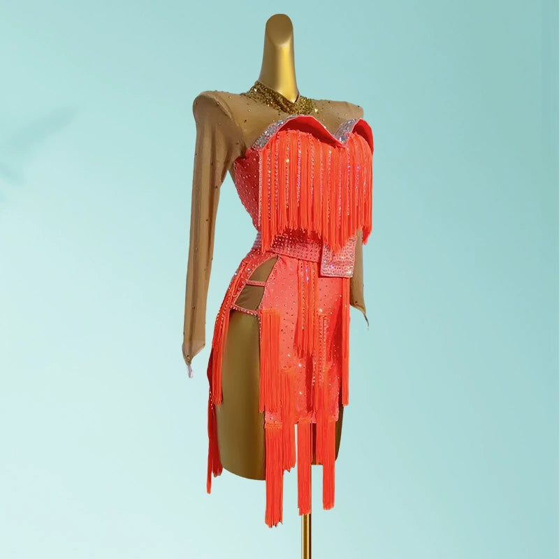Custom Size Orange with Flesh Sleeves Competition Latin Dance Dresses for Women Girls Kids Adult Salsa Chacha Rumba Dancing Costumes - Moderndancedress.com
