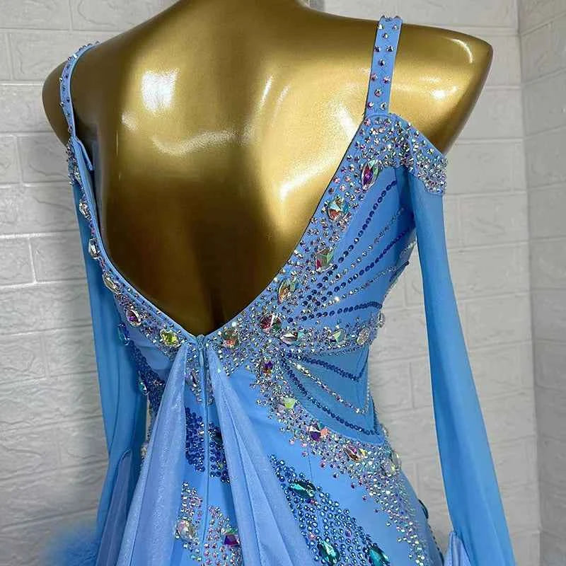 Custom Size Blue Competition Ballroom Dance Dresses for Women Tango Rhythm Social Dance Waltz Performance Gown