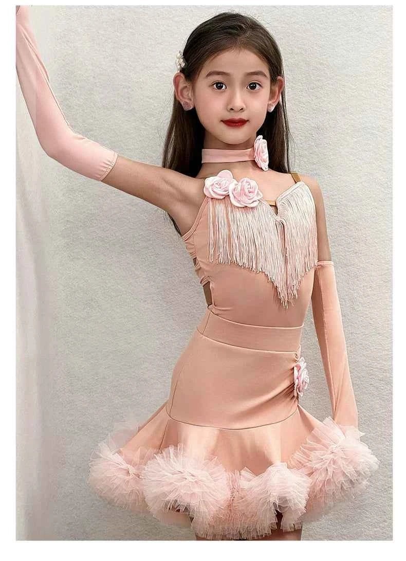 Girls Pink Lavender Latin Dance Dress Fringe 3d Rose Flower Salsa Chacha Dance Costume for Kids