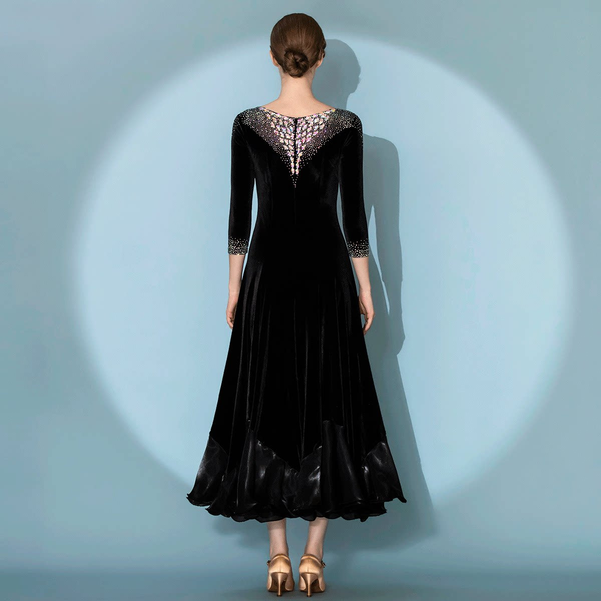 Burgundy Black Velvet Ballroom Dance Dress with Crystal Rhinestone Trim Waltz Tango Dancing Gown