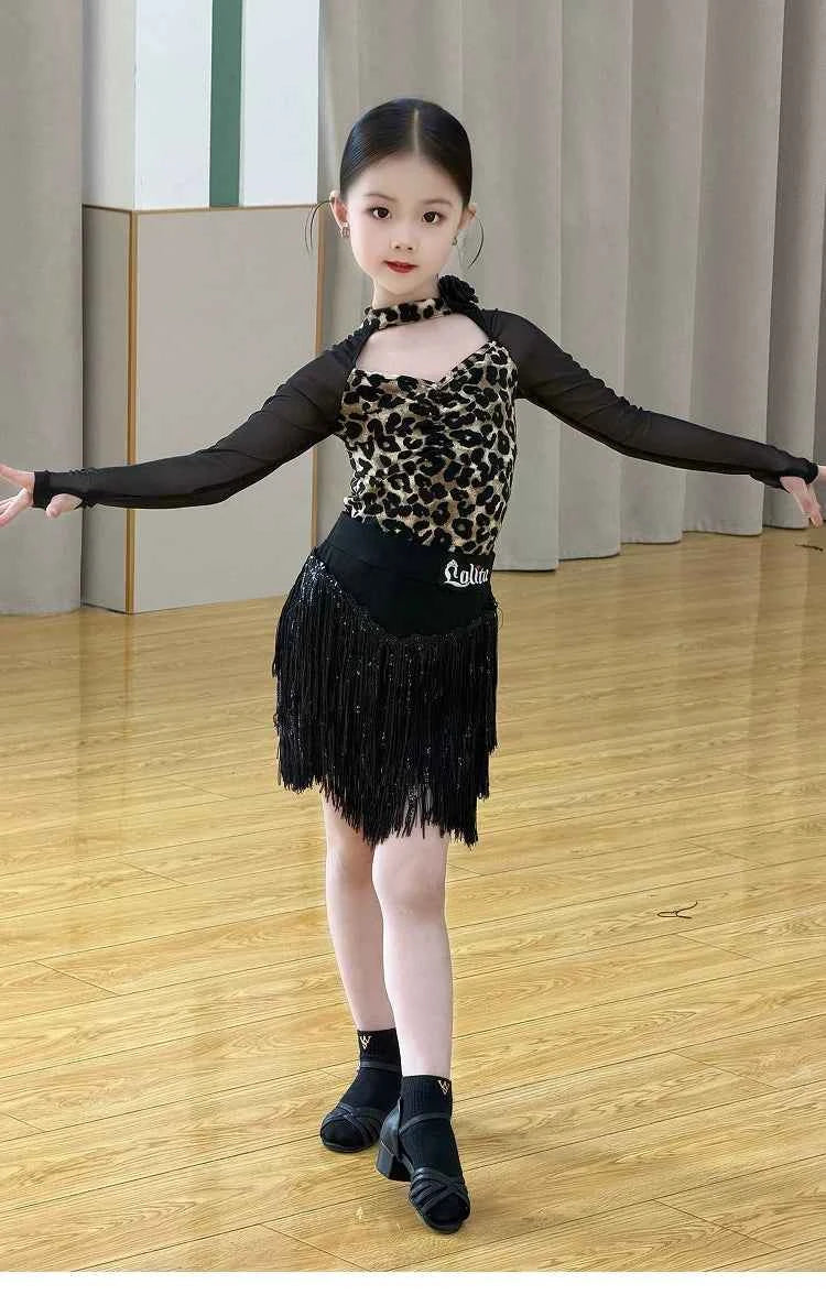 Black Leopard Print Girls Latin Dance Dress, Two‑Piece Tassel dress Set