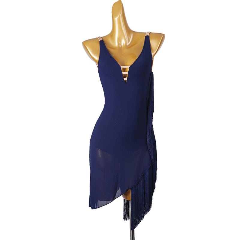 Navy blue fringed  women girls Latin dance dresses salsa rumba samba chacha performance costumes dance wear for lady - Moderndancedress.com