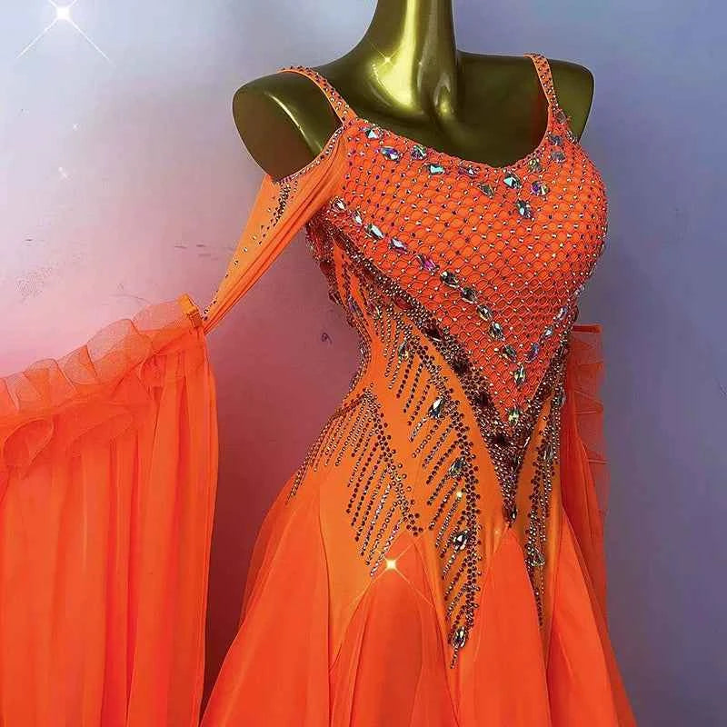 Customized Size Orange Competition Ballroom Dance Dresses for Women Girls Foxtrot Rhythm Waltz Tango Dance Gown